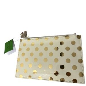 NWT Kate spade beige and gold polka dotted pouch with gold charm has ruler etc